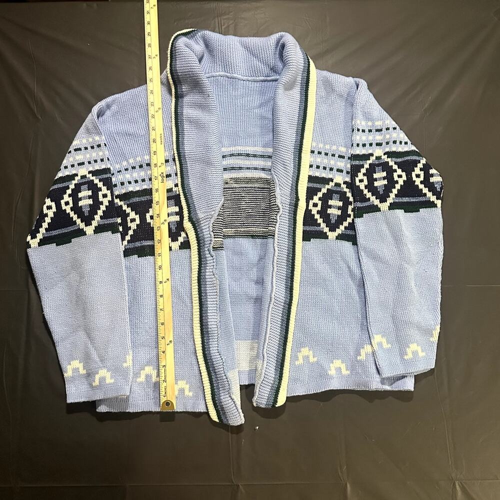 Blue Southwestern Geometric Shawl Collar Cardigan Sweater Oversized Knit